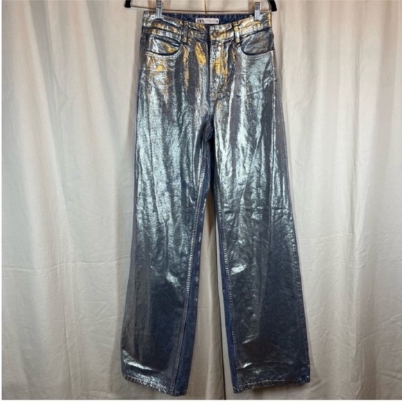 Zara Denim - Zara metallic shimmer foil loose fit mid rise straight  leg jeans 90s inspo